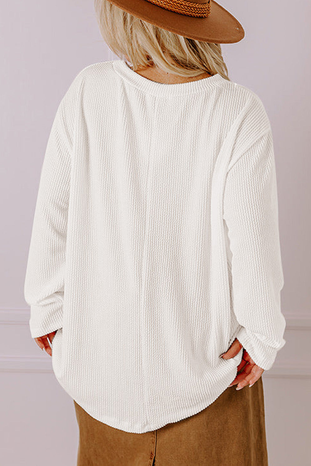 White Ribbed Texture Long Sleeve Tee - PS