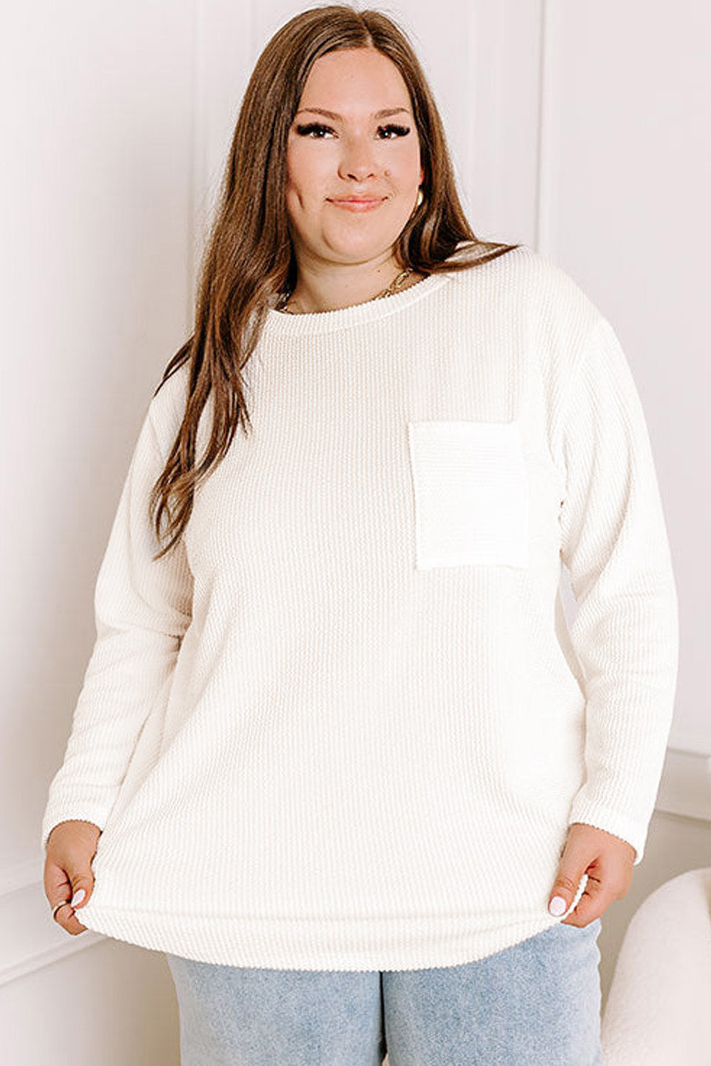 White Ribbed Texture Long Sleeve Tee - PS