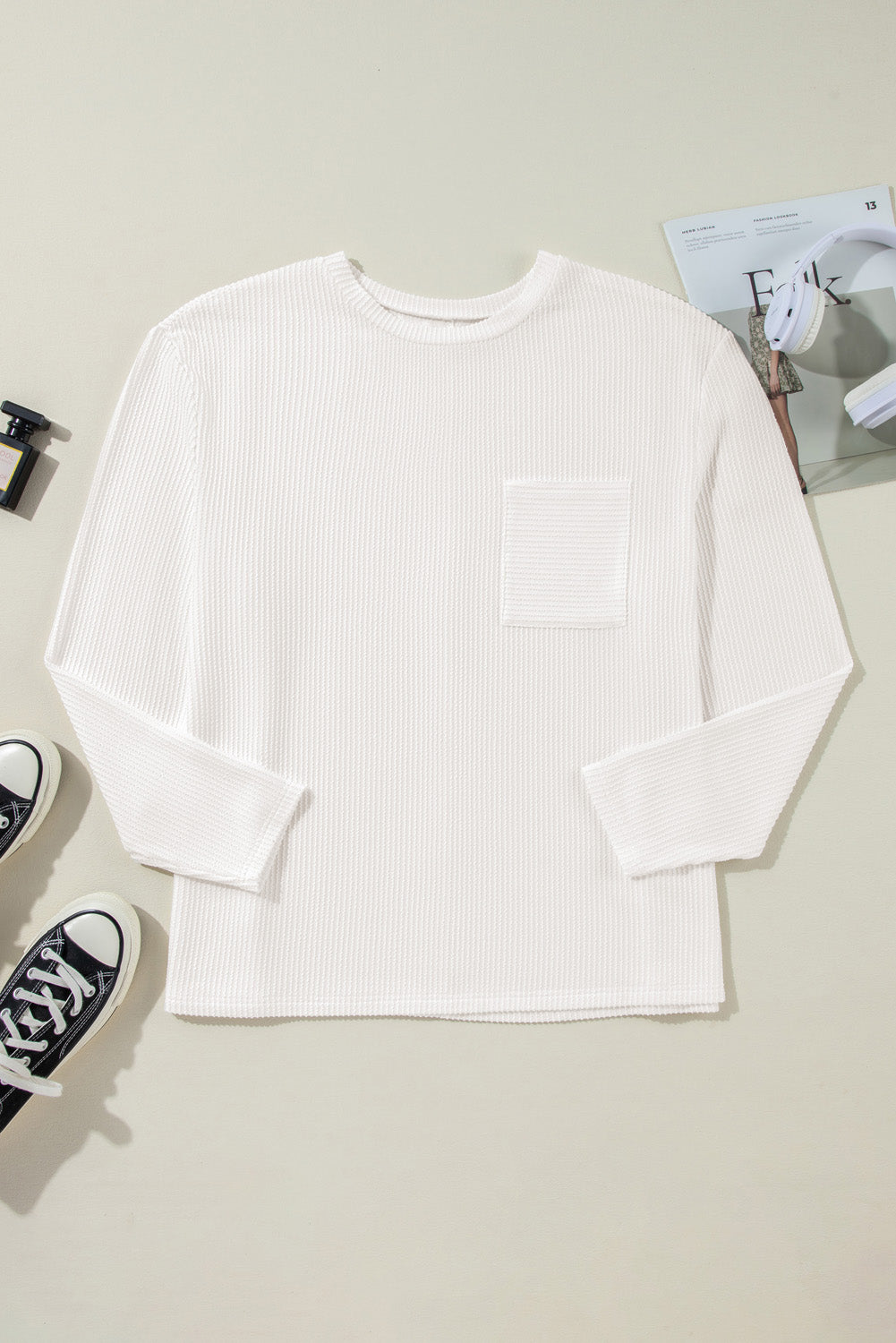 White Ribbed Texture Long Sleeve Tee - PS