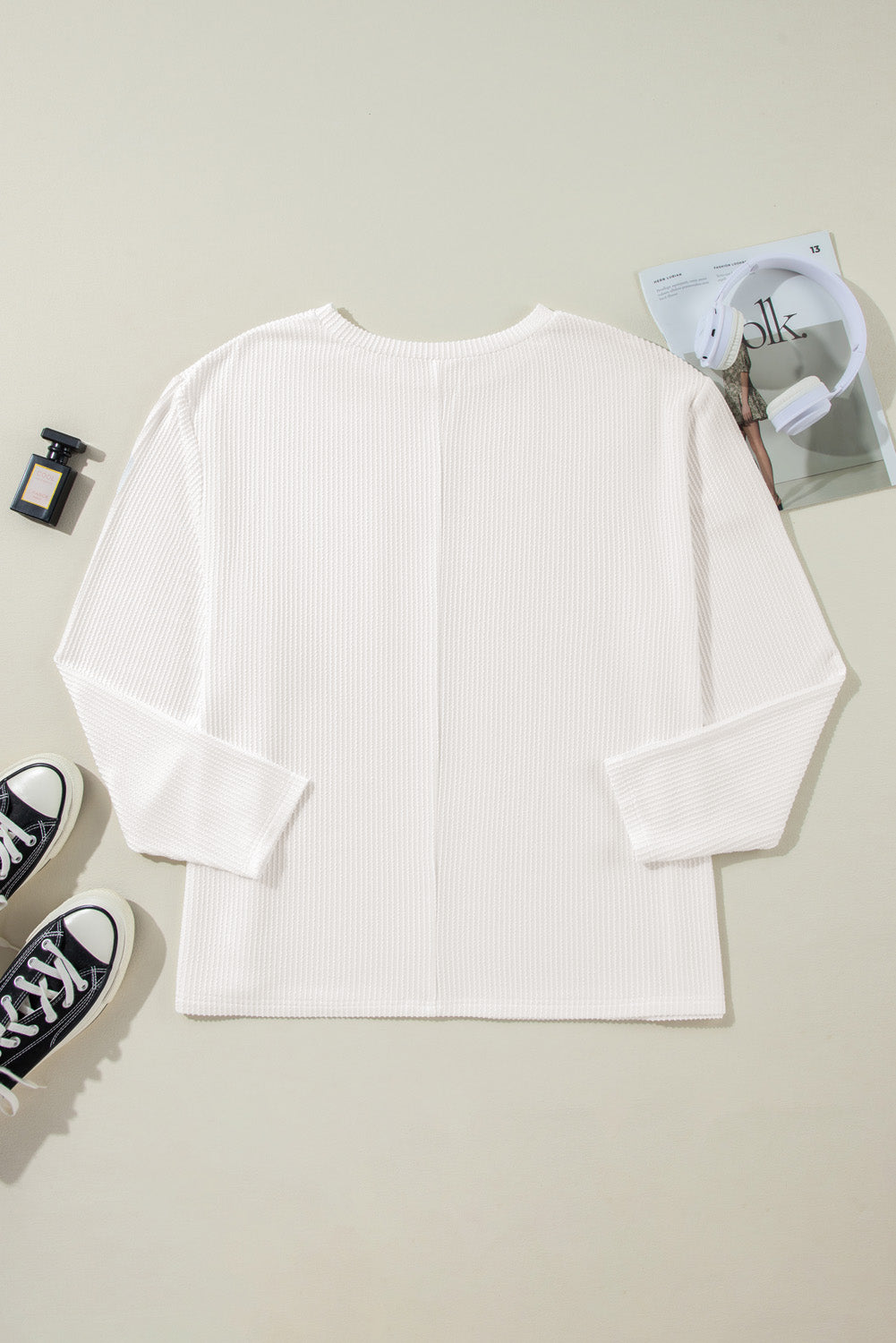 White Ribbed Texture Long Sleeve Tee - PS